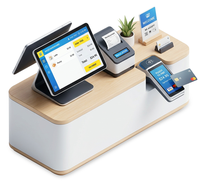 ZeePOS EPOS System — tablet, receipt printer and card payment terminal